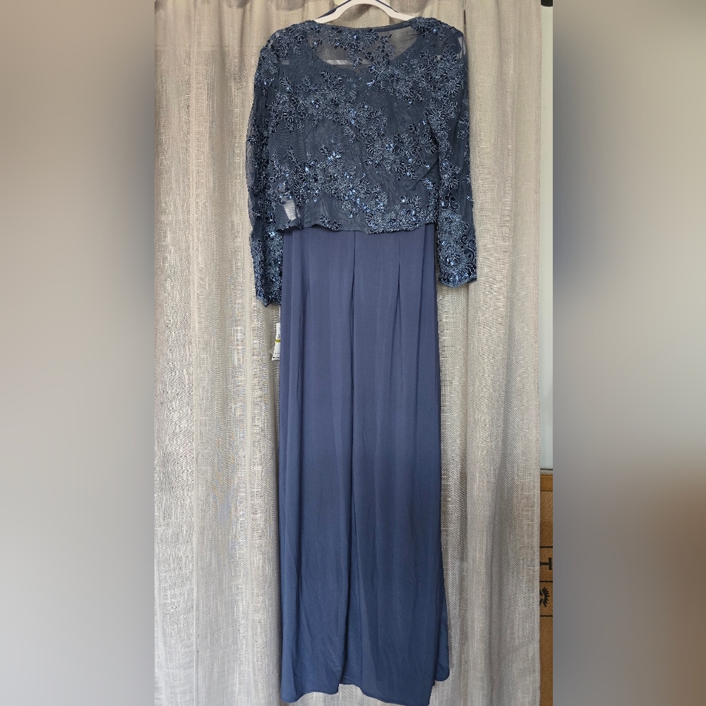 Alex Evenings Long Sleeve Beaded Evening Gown - Vintage Blue